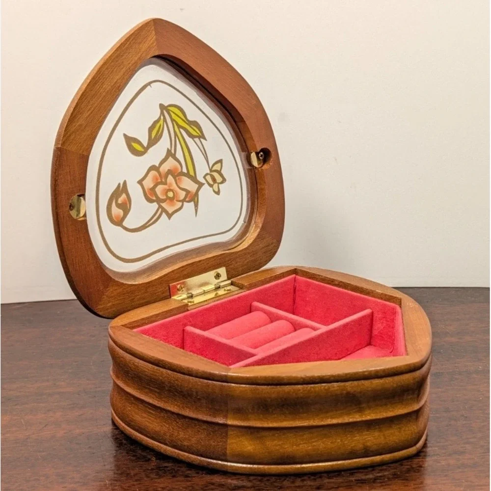 Vintage 1970s Mele Wooden Jewelry Box Floral Glass Lid Red Velvet Heart Taiwan